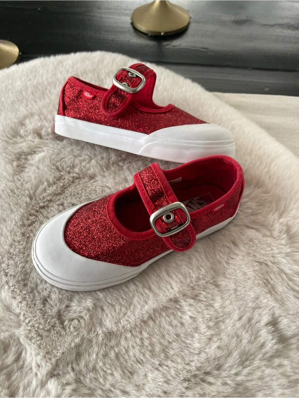 Vans Kids Red Glitter Mary Jane Sneakers with White Toe